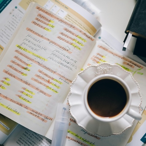 translating words in a notebook Spanish coffee