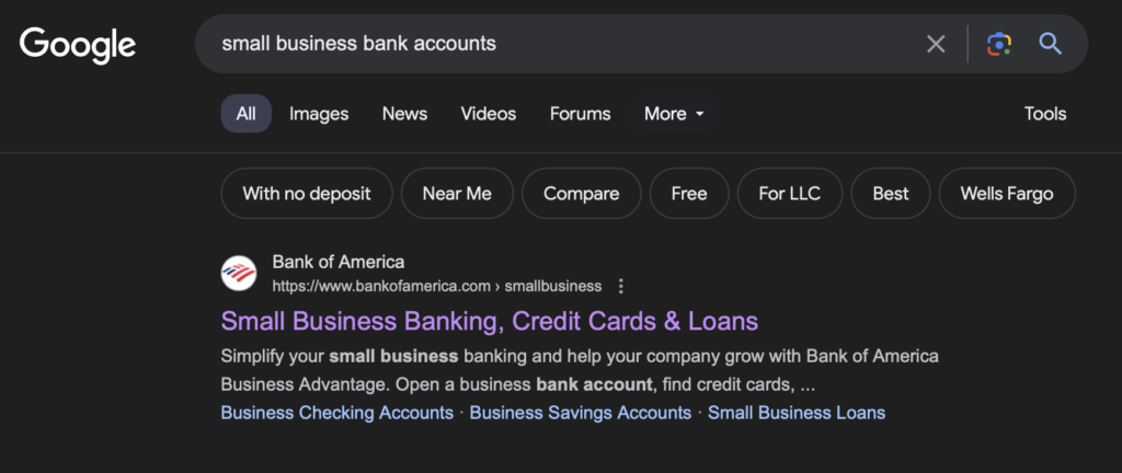 search result for small business bank accounts.